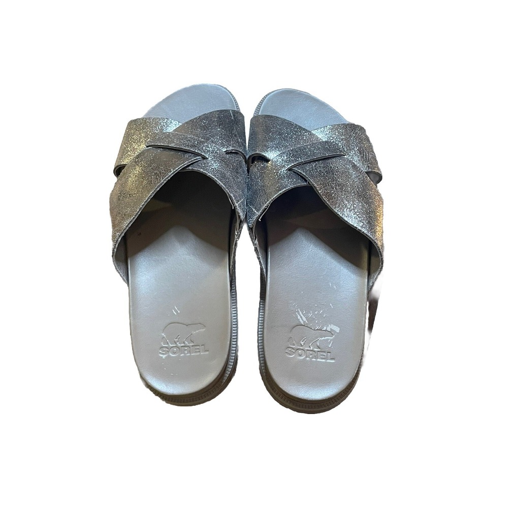 Sorel Roaming Criss Cross Metallic Slides 7 Lug Sole Sandals Champagne EUC - Picture 3 of 5